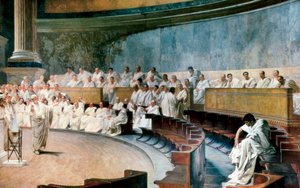Cicero entlarvt Catilina am 8. November 63 v. Chr., Die Szene spielt in Rom im Senat, Fresko von Cesare Maccari, 1882-1888