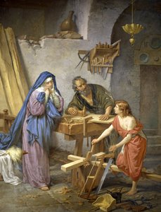 Joseph, Maria und Jesus in der Tischlerei