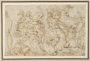 Blatt mit Figurenstudien, ca. 1600 (Tinte und Waschung, Bleistift, Kreide auf Büttenpapier) von Cesare Pollini