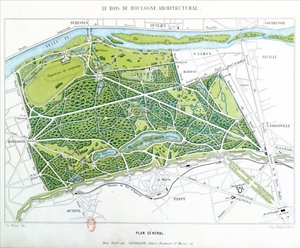 Plan des Bois de Boulogne in Paris, veröffentlicht von Caudrilier, 1860