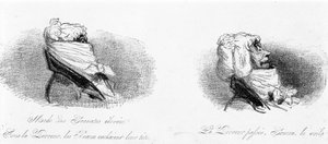 Satirische Zeichnung über die Bourgeois zur Zeit der Französischen Revolution. „Mode der hohen Krawatten: unter dem Terror versteckten die Schönen ihre Köpfe... Nach dem Terror... Hey, da ist er!“ In „Tortures de la mode“ von Cham