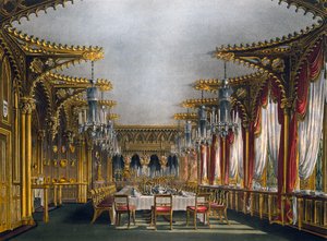 Gotisches Esszimmer, Gravur von Thomas Sutherland, basierend auf einem Entwurf von Charles Wild, aus The History of the Royal Residences von Charles (after) Wild
