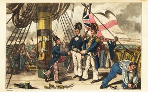 Kapitän Spring macht Midshipman Newcome zu seinem Adjutanten und übergibt ihm sein Schwert auf dem Achterdeck der HMS Victory