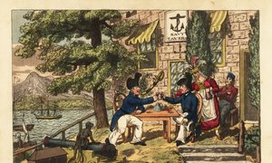 Midshipman Newcome und Master’s Mate Spunyarn trinken Black Strap oder Malaga-Wein in der Navy Tavern auf dem Gipfel des Scud Hill, Gibraltar