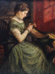 Porträt einer Dame, die in einem Sessel sitzt und näht von Charles A. Sheehan