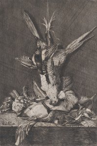 Jagdtrophäe mit Wildvögeln und Artischocke