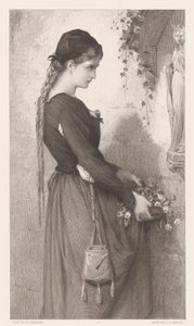 Junge Frau bringt Blumen zu einer Nische mit Marienbild von Charles Alphonse Deblois