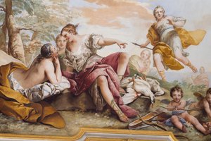 Die Ruhe der Diana unter den Nymphen (Il riposo di Diana tra le Ninfe), Fresko, Gewölbedecke des Schlafzimmers, Königinnenwohnung, Stupinigi, Piemont, Italien