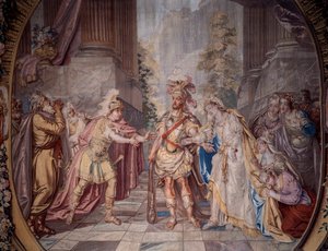Szenografie: „Alceste“ Darstellung von Szene 4 des Aktes V der Oper von Philippe Quinault, vertont von Jean Baptiste Lully. Detail eines Wandteppichs von Charles Antoine Coypel, 1764 hergestellt in Mi von Charles Antoine (after) Coypel