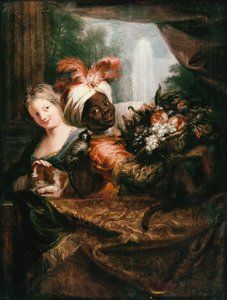 Junger Schwarzer Mann hält einen Korb mit Früchten und ein junges Mädchen streichelt einen Hund von Charles Antoine Coypel