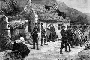 Zwangsräumung eines irischen Bauern durch englische Polizisten, Druck von F. Moller, aus 
