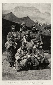 Kurden von Petchara (Türkei). Gravur von Barbant zur Illustration der Geschichte „Durch russisches Armenien, Karabagh, Tal des Araxes, Ararat-Massiv“ von Madame B. Chantre, in Le tour du Monde 1892, herausgegeben von Edouard Charton (1807-1891), Hachette, 