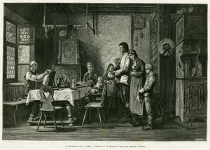 Das Benedizit. Barbant-Gravur nach einem Gemälde von Brion zur Illustration der Geschichte „Durch Elsass und Lothringen“ von Charles Grad, deutscher Abgeordneter, 1884, in Le Tour du monde 1886, herausgegeben von Edouard Charton (1807-1890), Hachette, Pari