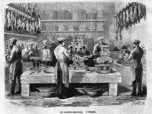 Die kalte Wache der Küchen des Palais des Tuileries im Jahr 1864 während eines Empfangs unter dem Zweiten Kaiserreich. Brennende Gravur von Charles Barbant