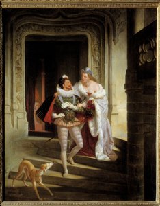 Die Marquise von Noirmoutiers, Charlotte de Beaune Semblancay, versucht Heinrich I. von Lothringen, Herzog von Guise, davon abzuhalten, zur Versammlung der Generalstände von Blois zu gehen, vor seiner Ermordung 1588 im Schloss von Blois von Charles Barthelemy Durupt