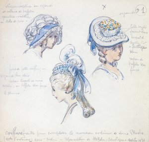 Frisuren und Kopfbedeckungen, für die Rolle der Camille in der Aufführung von "Spielt nicht mit der Liebe" von Alfred de Musset