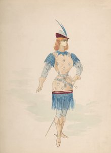 Kostümentwurf für einen Kavalier in Blau und Burgund mit Federhut und Schwert, n.d.