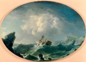 Ein britisches Kriegsschiff in rauer See vor einer felsigen Küste