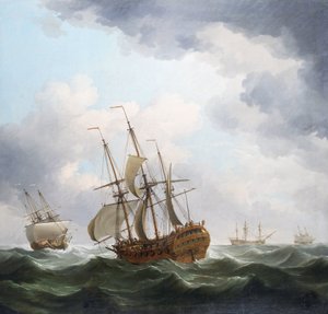 Ein britisches Handelsschiff der East India Company, gefangen in einem Sturmwind