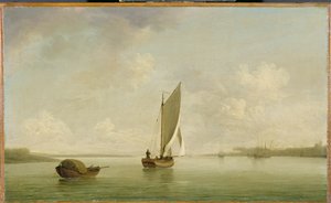 Ein Segelschiff bei leichtem Wind auf einem Fluss, ca. 1756-9
