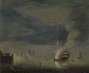 Ein Zweidecker in der Nacht vor einer Festung in Brand, ca. 1740 von Charles Brooking