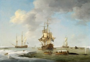 Grönlandfischerei: Englische Walfänger im Eis, ca. 1750 von Charles Brooking