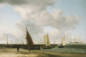 Szene am Ufer, mit einem Kriegsschiff am Horizont von Charles Brooking