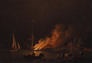 Schiff in der Nacht in Brand, um 1756