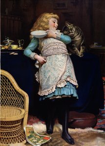 Kind mit Katze, von Burton Barber, englische Chromo von Charles Burton (after) Barber