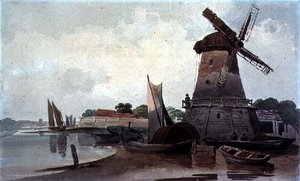 Ansicht auf die Themse, mit Windmühle und Booten