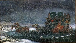 Eine Postkutsche durchquert einen Bach in einem Schneesturm von Charles Cooper Henderson