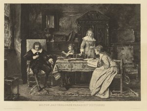 Milton sitzt in einem Lehnstuhl und diktiert einer seiner Töchter sein Paradise Lost
