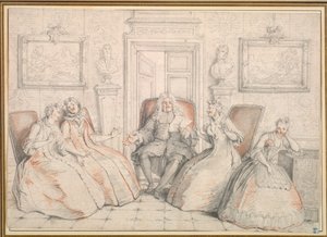 Trissotin liest Philaminte, Bélise und Armande vor, wahrscheinlich ca. 1725-1726