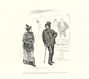 Der Schauspieler: Ich sage, Jane, was ist der Unterschied zwischen einer Plakatwand und einer Rechnungstafel? Schauspielers Frau: Nun, du kannst die Plakatwand nicht überspringen (Lithographie) von Charles Dana Gibson