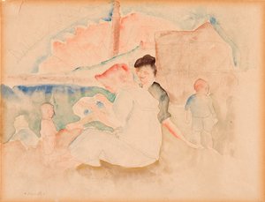 Ohne Titel (Zwei Frauen und drei Kinder am Strand) von Charles Demuth