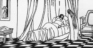 Melisande besucht Golaud, der nach einem Sturz vom Pferd im Bett liegt, Holzschnitt von Charles Doudelet (1861-1938) für Pelleas und Melisande von Maurice Maeterlinck (1862-1949), veröffentlicht von Claudio Argentieri, Spoleto, Italien von Charles Doudelet