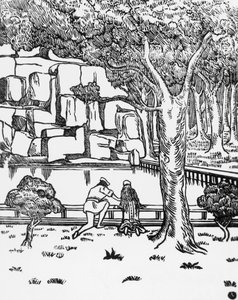 Menschen, die eine Quelle betrachten, Holzschnitt von Charles Doudelet (1861-1938) für Pelleas und Melisande von Maurice Maeterlinck (1862-1949), veröffentlicht von Claudio Argentieri, Spoleto, Italien