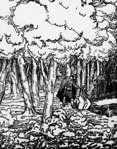 Holzschnitt von Charles Doudelet (1861-1938) für Pelléas und Mélisande von Maurice Maeterlinck (1862-1949), veröffentlicht von Claudio Argentieri, Spoleto, Italien