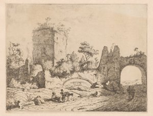 Landschaft mit Ruine eines Turms und eines Tores. Drucke mit Ruinen in Landschaften