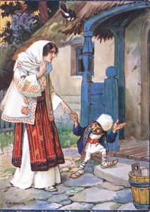 Der kleine Bruder Bit brachte seine schöne Braut in das Haus, das er für sie gebaut hatte, Szene aus Der kleine Bruder Bit in Kindererzählungen aus rumänischen Legenden von Moses Gaster von Charles Edmund Brock