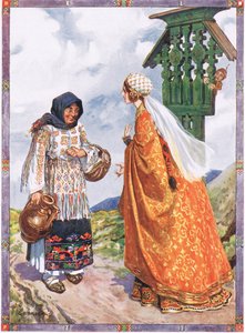 Die Prinzessin... bat sie, die Bauernkleider gegen ihre königlichen Gewänder zu tauschen, Szene aus Glück und Unglück in Kindererzählungen aus rumänischen Legenden von Moses Gaster