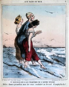 Traditioneller Mann begleitet zwei junge Damen zum Baden im Meer, ca. 1850-70 von Charles Edouard de Beaumont