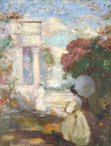 Lyrische Landschaft mit zwei Figuren in Kleidung des 19. Jahrhunderts, 1890-1900