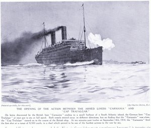 Die Eröffnungsaktion zwischen den bewaffneten Linern Carmania und Cap Trafalgar, Südatlantik, September 1915 von Charles Edward Dixon