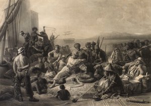 Szene an der Küste Afrikas: Sklaven und Sklavenhalter warten auf den Transport ins Ausland von Charles Edward Wagstaff