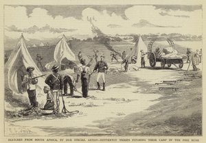 Skizzen aus Südafrika, Hottentotten-Truppen schlagen ihr Lager im Peri-Busch auf von Charles Edwin Fripp