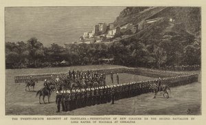 Das Vierundzwanzigste Regiment bei Isandlwana, Präsentation neuer Farben an das zweite Bataillon durch Lord Napier von Magdala in Gibraltar von Charles Edwin Fripp