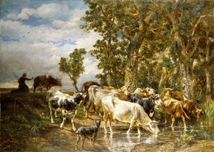 Rinderherde an einem Trinkbecken von Charles Emile Jacque