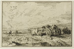 Landschaft mit Ochsenkarren von Charles Emile Jacque