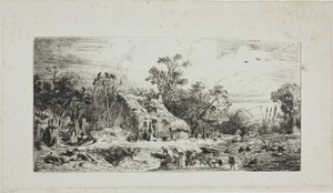 Landschaft mit strohgedeckten Hütten